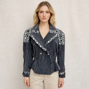 Cache Double Breasted Peplum Jacket Womens Geometric Embellished Gray Size Large